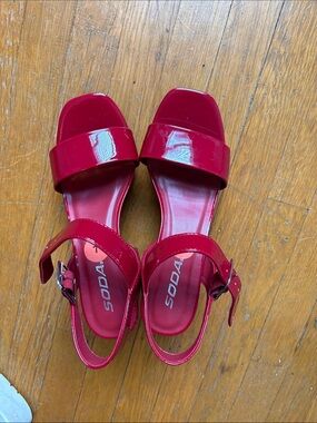 Soda Red Patent Block Heel Sandals with Ankle Strap